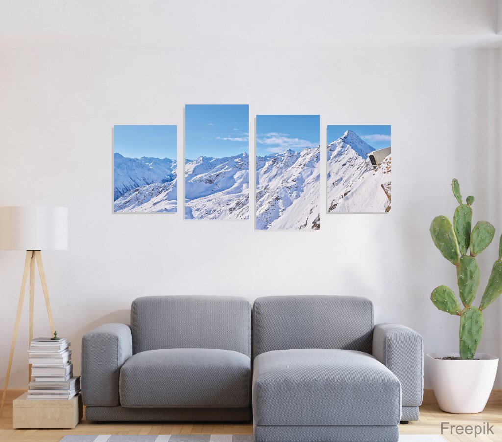 Multi-Panel Canvas 4 Parallels, Austrian mountain, showing over the couch.