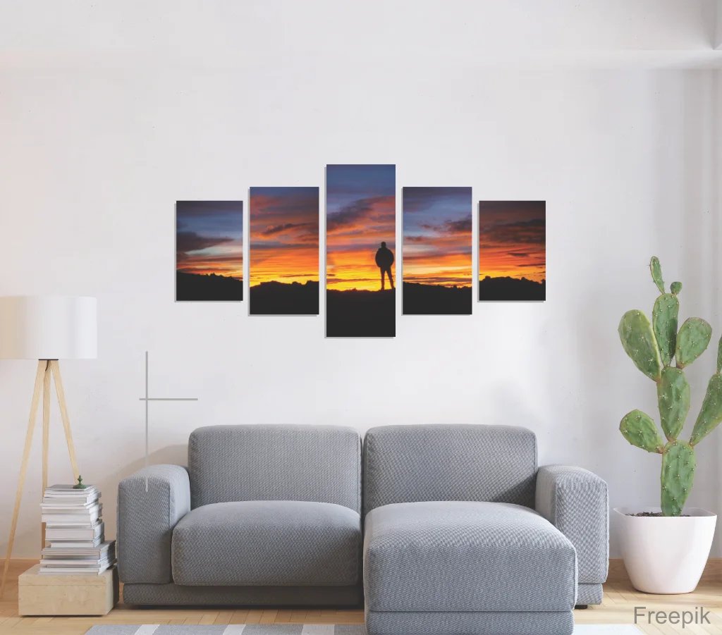 Multi-Panel Canvas Diamond 5 panels, Mauna Loa summit, in the living room.