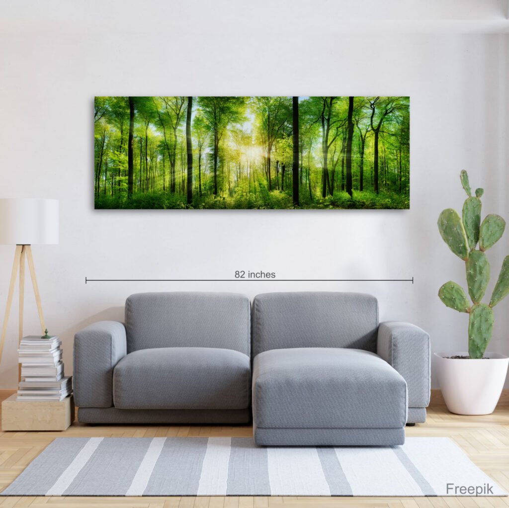 Panorama of a forest with a sunray in the livingroom