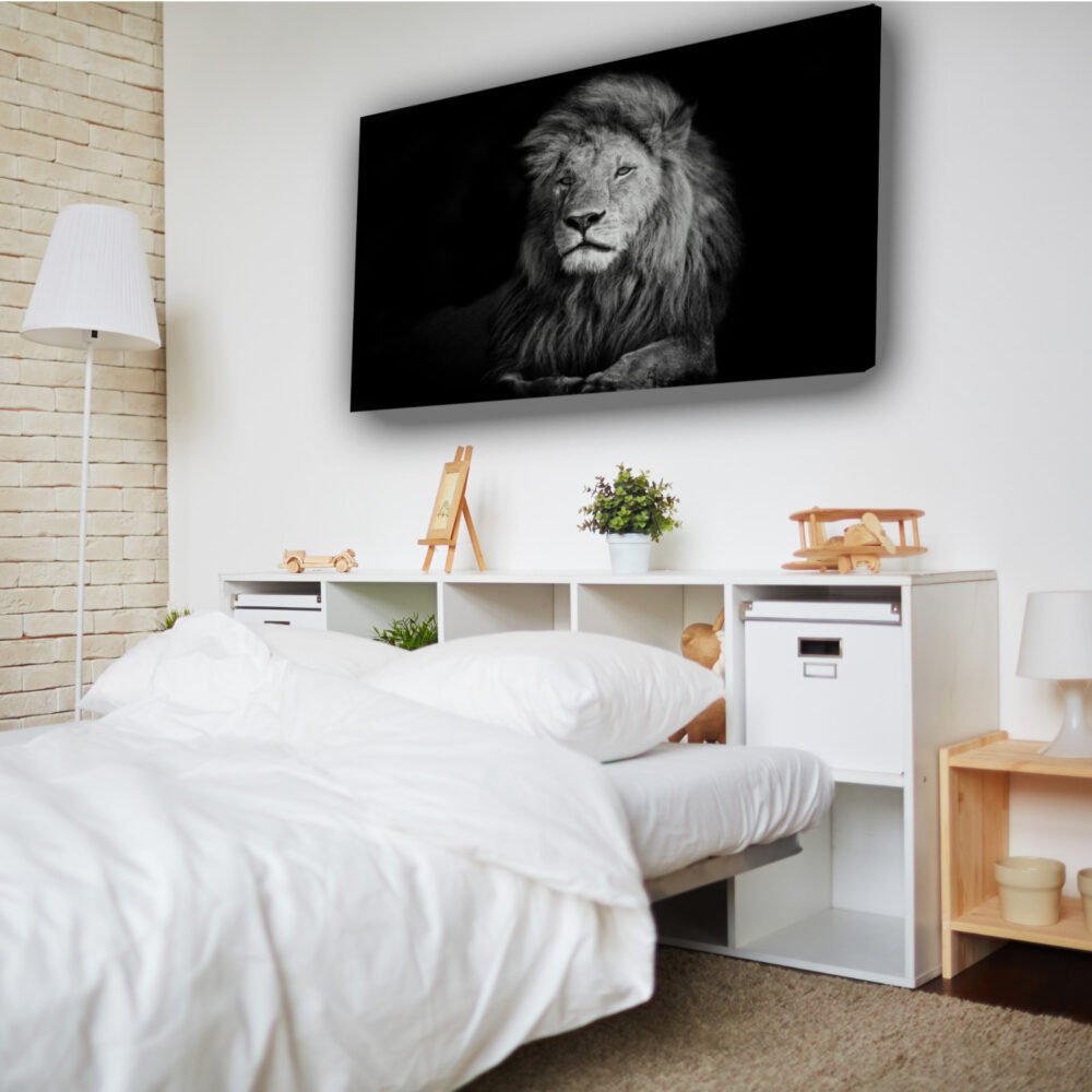 canvas of Kenyan savannah lion in black and white on wall