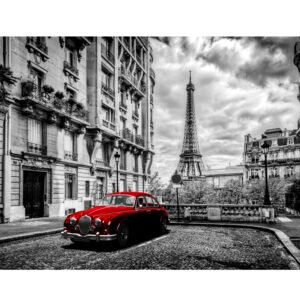 Eiffel Tower Paris in Black and white with vintage car